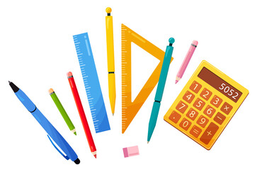 School or office stationery for work and study. Lying on white, top view. Bright objects in flat style. Pens, pencils, rulers, calculator. vector illustration.