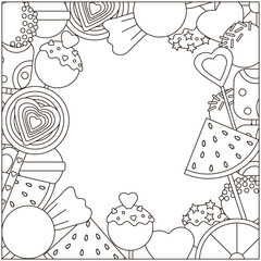Candy coloring page. Candies frame.