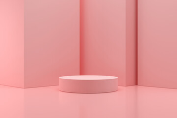 pink background with a pedestal and a showcase. 3d illustration
