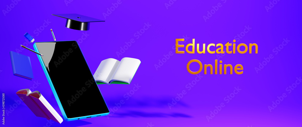 Poster digital online education. 3d render of mobil. application learning on phone, mobile website backgrou
