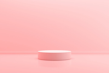 pink background with a pedestal and a showcase. 3d illustration