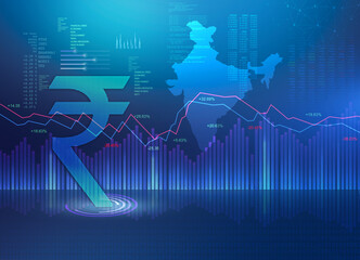 India Finance Background, India Economy background, stock market abstract dark blue background illustration with India map and rupee symbol, Indian Rupee background, Rupee, rupee currency