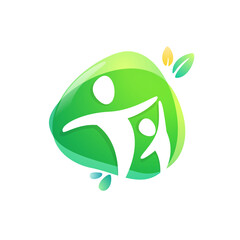 Happy family emblem on a watercolor splash background.