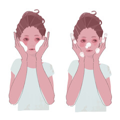 泡洗顔 洗顔 顔を拭く 女性の横顔のイラストセット Wall Mural Tabin