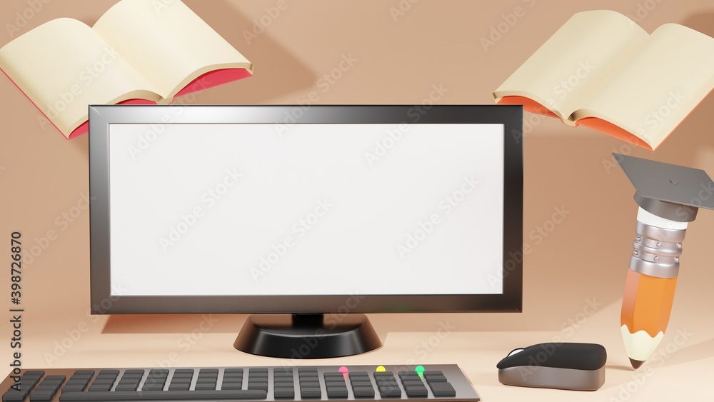 Poster digital online education. 3d render of computer. application learning on phone, mobile website backg
