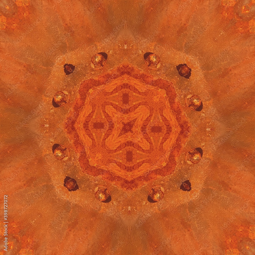 Poster heavy engineering pipe with severe oxidation flack rust particles in shades of deep orange colour
