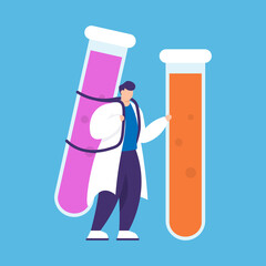 illustration of a doctor or scientist holding a bottle containing an antidote or vaccine. antivirus or anti-bacterial. glass bottles. flat style. design element