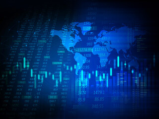 stock market analysis concept, business growth concept, finance economy  blue abstract background illustration, digital stock chart with digital grid and world map. 