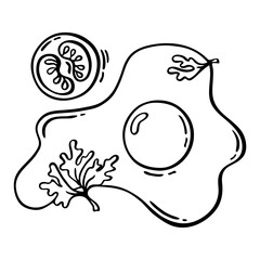 Vector black and white illustration in hand-drawn style: scrambled eggs and half a tomato