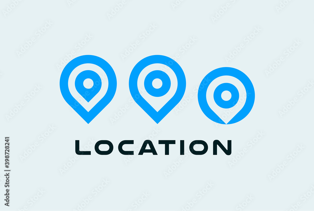 Poster Location icon set, round pin symbols, place pointer, blue flat minimal style logo concept for map navigation or search engine technology