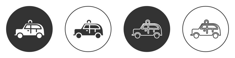 Black Taxi car icon isolated on white background. Circle button. Vector.