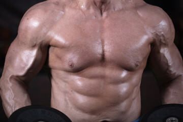 Fototapeta na wymiar Athletic figure of a male bodybuilder. Torso of a male athlete