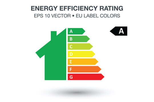 Energy efficiency rating and eco-friendly home renovation performance illustration, low consumption eco house, sustainable development, EPS 10 vector