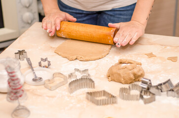 Female hands prepare festive gingerbread cookies for christmas, she rolled out dough and cut...