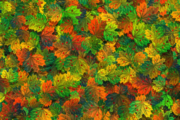 Fototapeta premium A 3d background illustration of autumn leaves. Layers of Maple leaves in fall colors of red, yellow and green