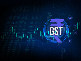 Goods and Services Tax India, GST  with Indian rupee symbol, abstract background with GST tax slabs illustration, GST finance background with stock market data, rupee currency