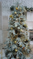 New Year's interior, festive tree, Christmas wreath. vertical photo