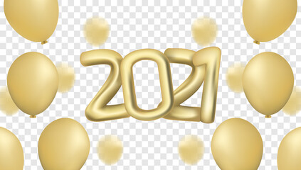 Happy new year 2021. Elegant gold text with 3d balloons. Minimalist template for element, calendar, greeting card, or banner. vector typography for 2021 and luxury design