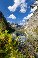 Obersee with the famous east face of the Watzmann in the background in Berchtesgadener Land, Bavaria, Germany.