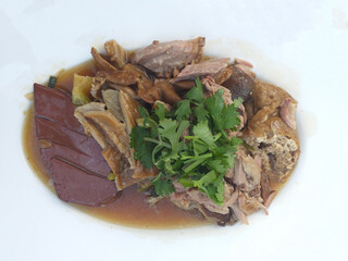 Closeup shot of stewed pork intestine sell on the streets of the market in Thailand