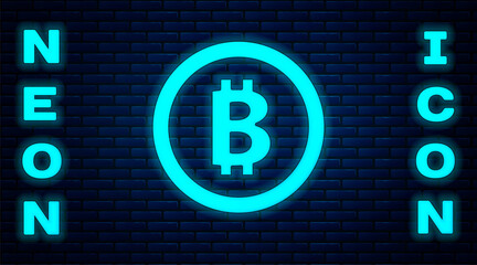 Glowing neon Cryptocurrency coin Bitcoin icon isolated on brick wall background. Physical bit coin. Blockchain based secure crypto currency.  Vector.