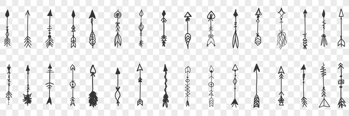 Fototapeta na wymiar Arrows doodle set. Collection of hand drawn various elegant vintage arrow for bows isolated on transparent background. Illustration of archery and means for shooting and direction sign 