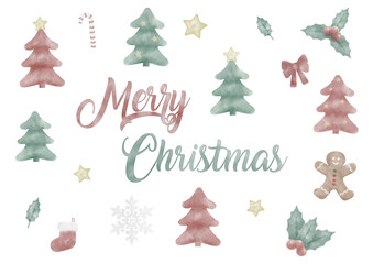 cute hand painted watercolor christmas holiday elements, tree, gingerbread, holy, isolated on white background