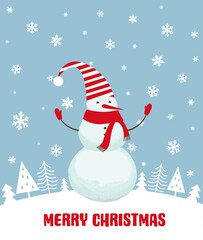 Merry christmas greeting card with snowman. Vector illustration
