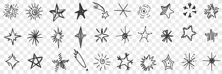 Obraz premium Stars doodle set. Collection of hand drawn shining and falling stars in sky isolated on transparent background. Illustration of bright various stars of different shapes and brightness 
