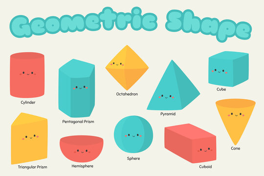 3D geometric shape vector set. Cute shape with funny faces