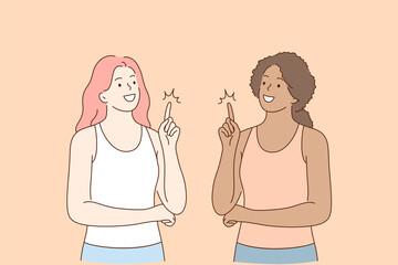 Mixed race friendship, finger up idea concept. Two smiling cheerful girls of different race standing pointing fingers up showing good idea or thought in mind vector illustration