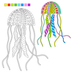 Ornate stylized jellyfish for children coloring book. Cartoon medusa with floral texture for kids coloring page. Color vector illustration isolated on white background.