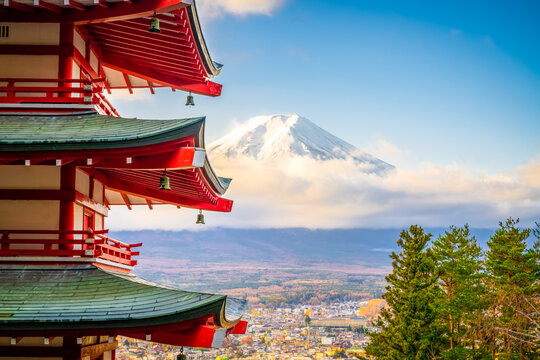 Landmarks of japan including partly seen Chureito red Pagoda and Fuji mountain