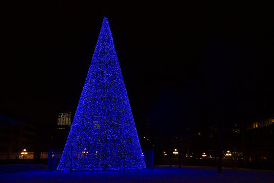 Night view of the 20-meter high Christmas tree installed since 2010 on University of Quebec Place seen from Charest Boulevard in the Saint-Roch area, Quebec City, Quebec, Canada