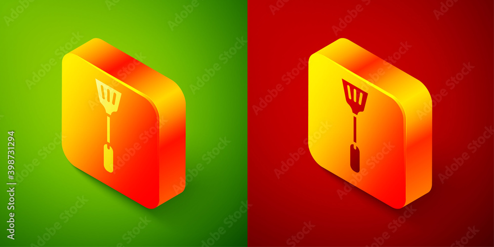 Poster isometric fly swatter icon isolated on green and red background. square button. vector.