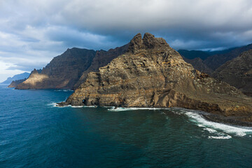Aerial capture of the beautiful mountains at the coastline, Punta del Hidalgo, Tenerife, Canaries