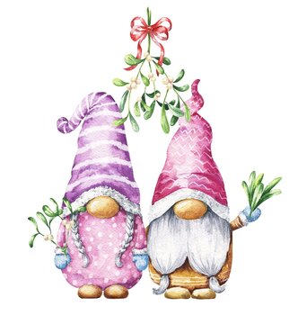 Pair of Christmas gnomes under the mistletoe kissing bough on white background. Watercolor winter season illustration.