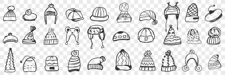 Headdress doodle set. Collection of hand drawn various warm caps and hats for wearing during winter or autumn isolated on transparent background. Illustration of designs for kids head-dress looks