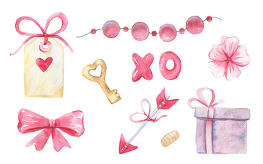 Romantic watercolor collection with pink heart, key, label, arrow, gift on a white background.Watercolor illustration for Valentine's day. High quality illustration
