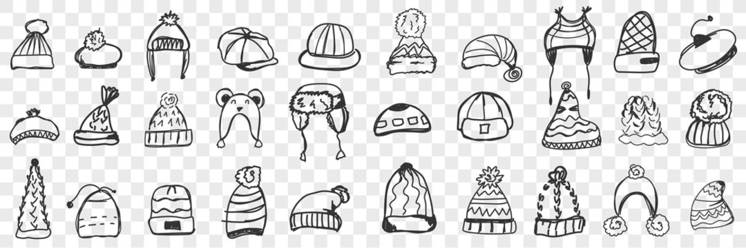 Headdress doodle set. Collection of hand drawn various warm caps and hats for wearing during winter or autumn isolated on transparent background. Illustration of designs for kids head-dress looks