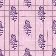 Decorative new year seamless pattern with purple fir simple branches shapes. Pink chequered background.