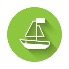 White Toy boat icon isolated with long shadow. Green circle button. Vector.