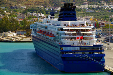 Classic Pullmantur cruiseship or cruise ship liner Zenith or Horizon in port of Chania on Greek...