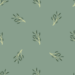 Minimalistic seamless pattern with green foliage ornament. Grey background. Pastel pale palette print.