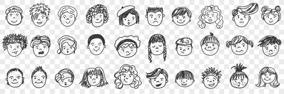Portraits doodle set. Collection of funny hand drawn human children faces with different hairstyle expressing various emotions isolated on transparent background. Illustration of happiness and sadness