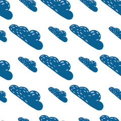 Seamless pattern with navy blue diagonal clouds ornament. White background. Sky artwork.