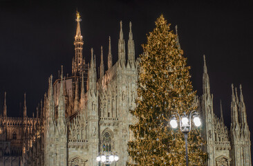 Fototapeta na wymiar Duomo square in December illuminated by the large Christmas tree placed in front of the cathedral.Milan,Italy