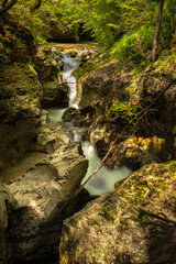 Deep canyon or gorge of Mostnica river near Stara Fuzina, Triglav National Park, Slovenia.