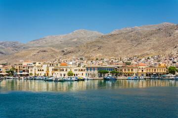 Fototapeta premium Kalymnos harbour view from sea. Kalymnos Island is populer tourist destination in Greece. 