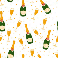 2021 New Year celebration vector pattern with champagne bottles wearing face masks, flutes , confetti, stars. 2021 Coronavirus New Year background